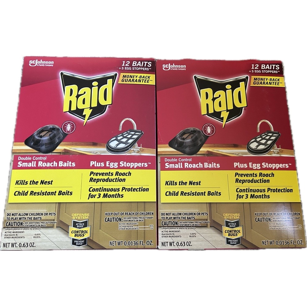 Raid 12 Double Control Small Roach Baits + 3 Egg Stoppers 3 Month Protection 2x